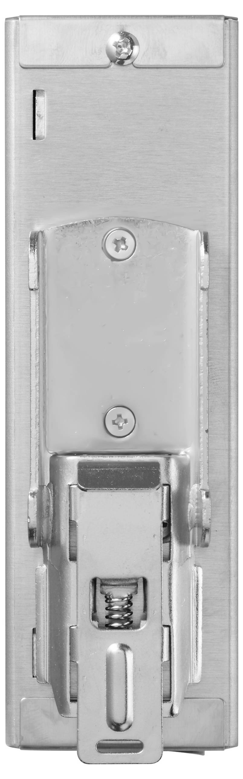 Ein Metallverschlussmechanismus mit Schrauben und einer federbelasteten Komponente, wahrscheinlich für eine sichere Befestigung an einer Tür oder einem Panel verwendet.