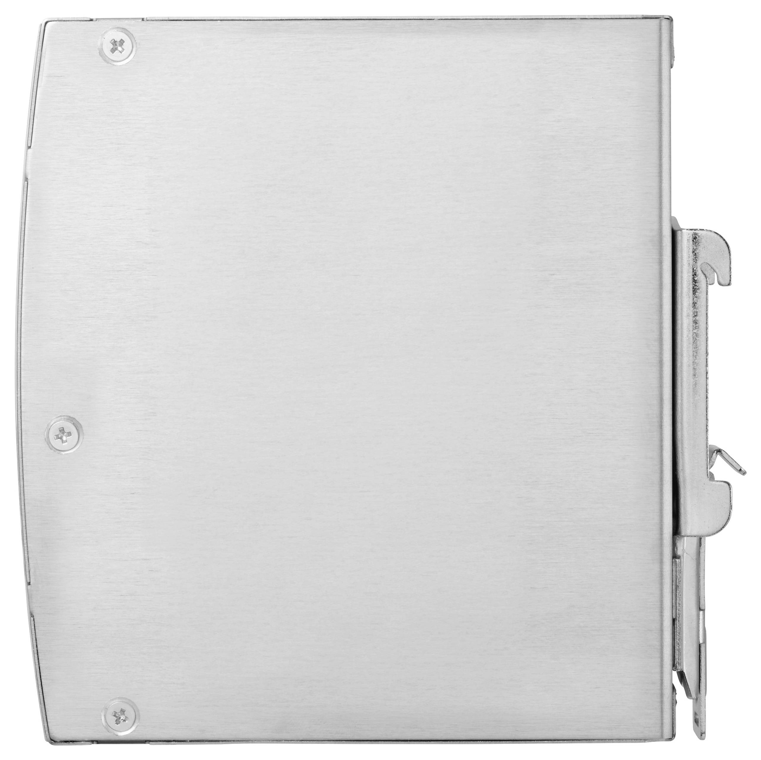 Eine rechteckige, metallische Industriekomponente mit Schrauben an einer Seite und einem Verschlussmechanismus am rechten Rand, wahrscheinlich Teil einer Maschine.