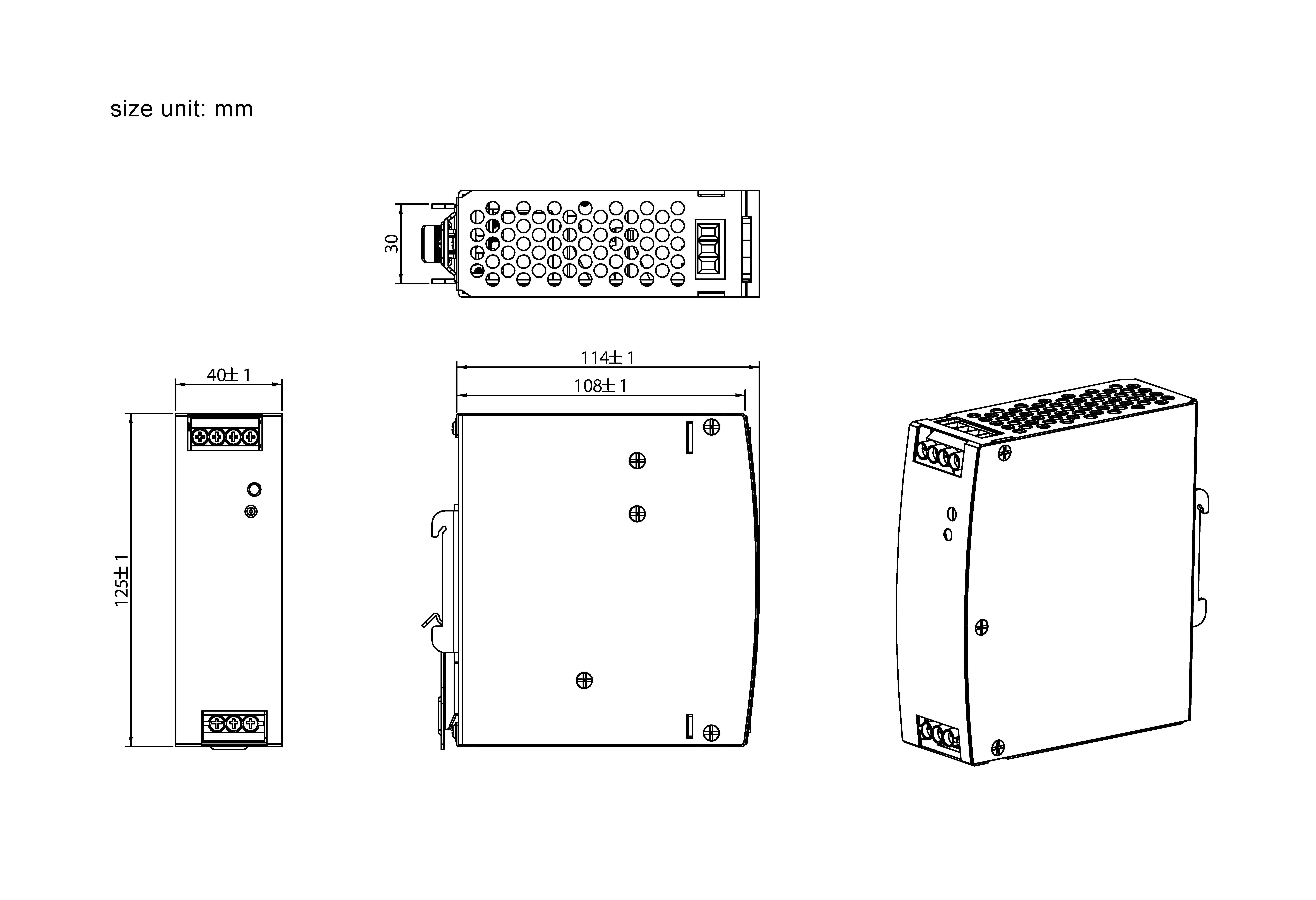Technische Zeichnung einer rechteckigen elektronischen Komponente; umfasst Vorder-, Ober- und Seitenansicht mit Abmessungen in Millimetern (mm).