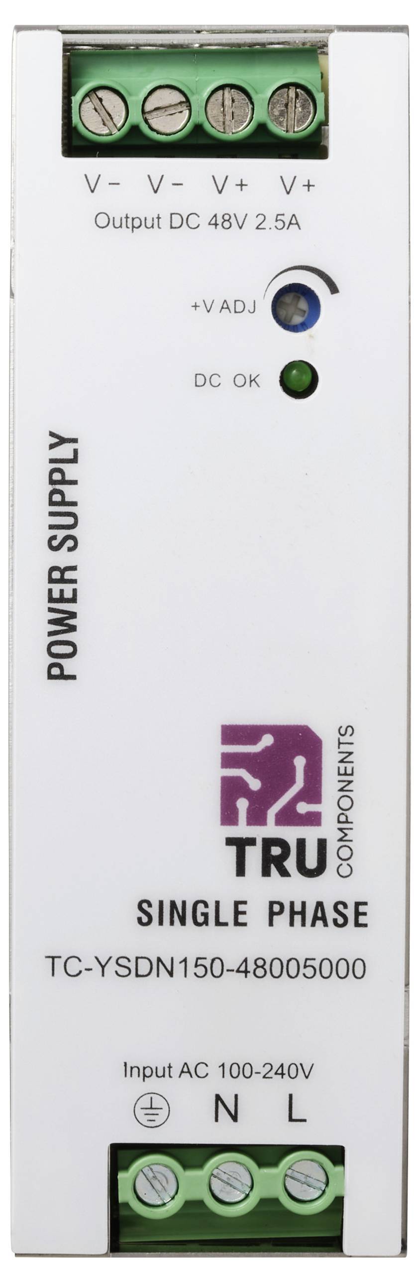'TRU Components Einphasen-Netzteil, Modell TC-YSDN150-48005000, Eingangsspannung AC 100-240V, Ausgangsspannung DC 48V 2,5A, mit Statusanzeigen.'