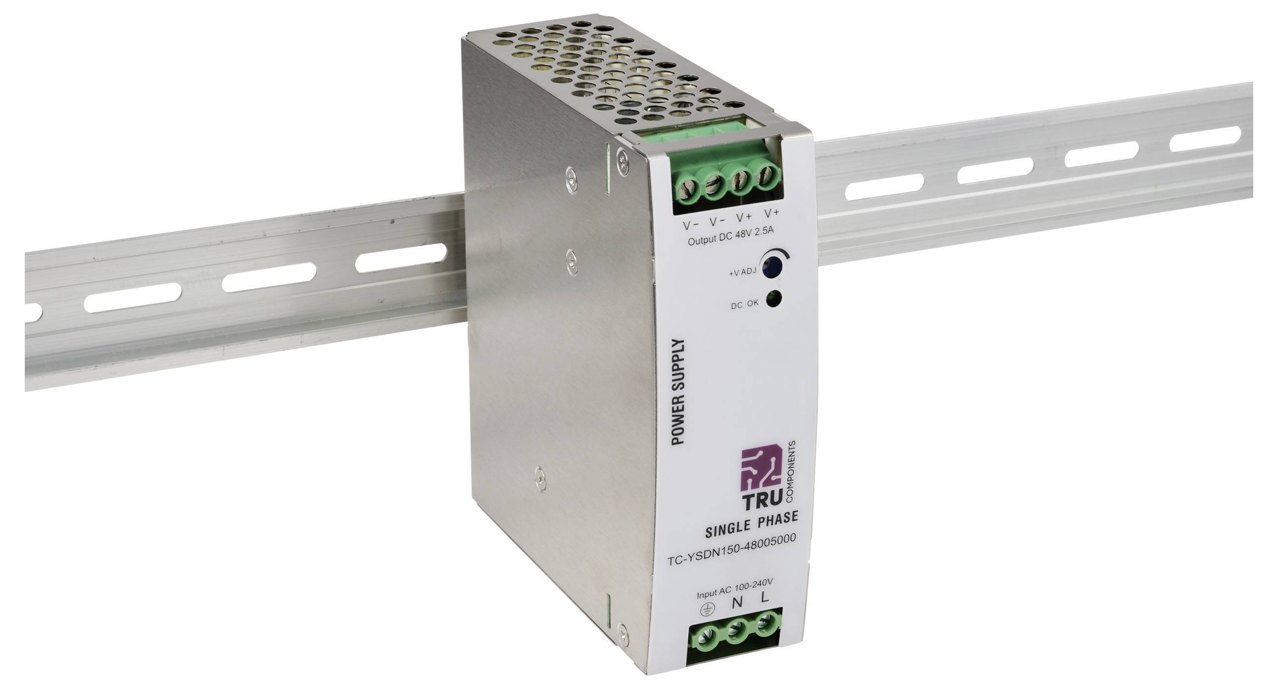 Eine einphasige Stromversorgung, die an einer Metallschiniene befestigt ist und Anschlussports sowie Firmenlogo zeigt.