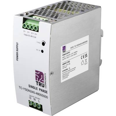 Industrie-Stromversorgungseinheit aus Metall mit Belüftungslöchern, grünen Anschlussklemmen und Beschriftungen für einphasigen Ausgang DC 48V 5A.
