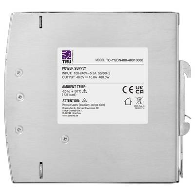 Etikett auf einem Metallnetzteil mit Modell „TC-YSDN480-48010000" und Spezifikationen: Eingang 100-240V, Ausgang 48,0V 10,0A 480W.