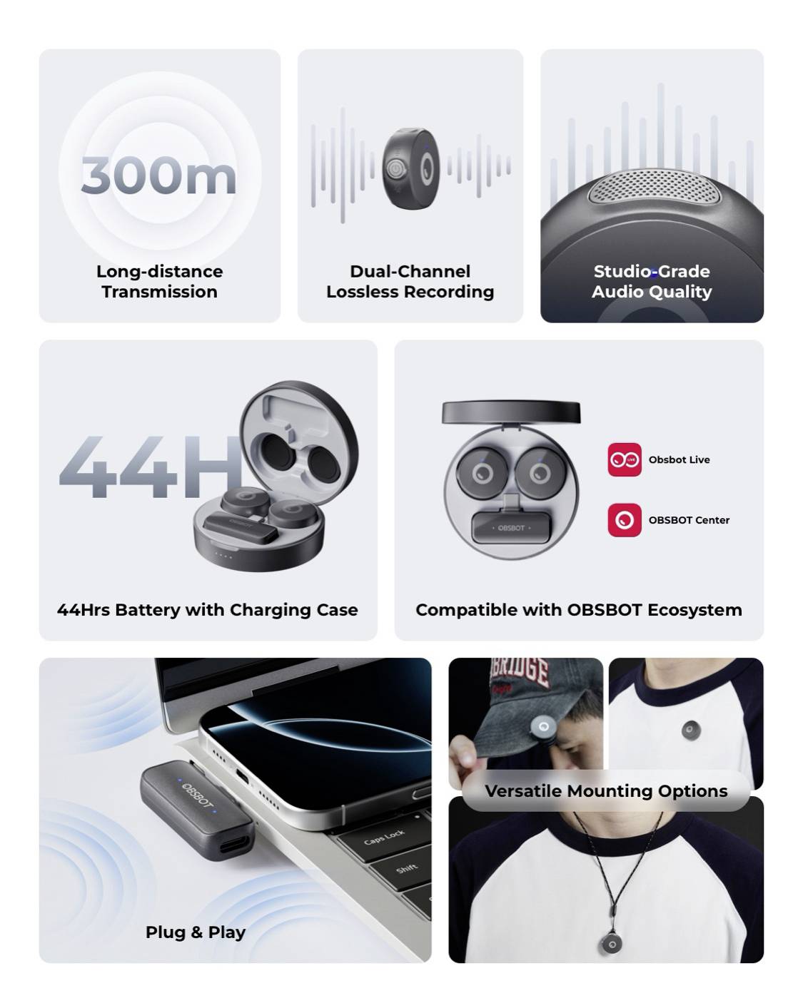 Drahtloses Mikrofonsystem mit Fernübertragung (300m), Dual-Kanal verlustfreier Aufnahme, Studio-Audioqualität, 44-Stunden-Akku mit Ladeetui, Kompatibilität mit dem OBSBOT-Ökosystem, Plug-&-Play-Funktionalität und vielseitigen Befestigungsoptionen.