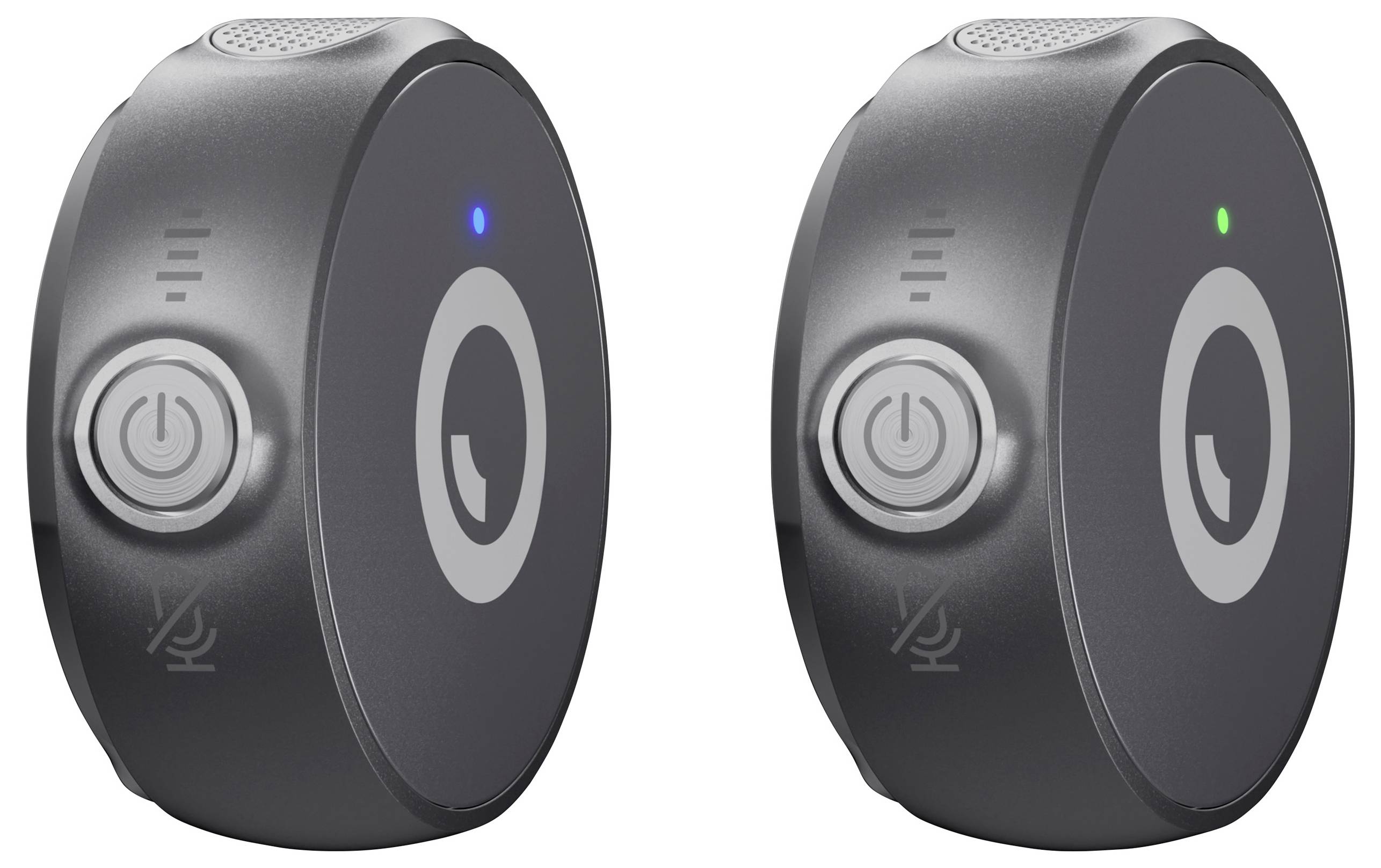 Zwei schwarze drahtlose Audiosteuerungen mit Einschalttasten und Statusleuchten, blau links und grün rechts, die verschiedene Modi anzeigen.