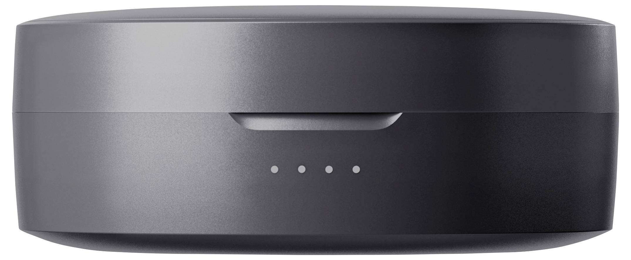 Eine elegante schwarze kabellose Ladehülle für Ohrhörer mit vier kleinen LED-Anzeigenlichtern an der Vorderseite, die den Ladestatus signalisieren.