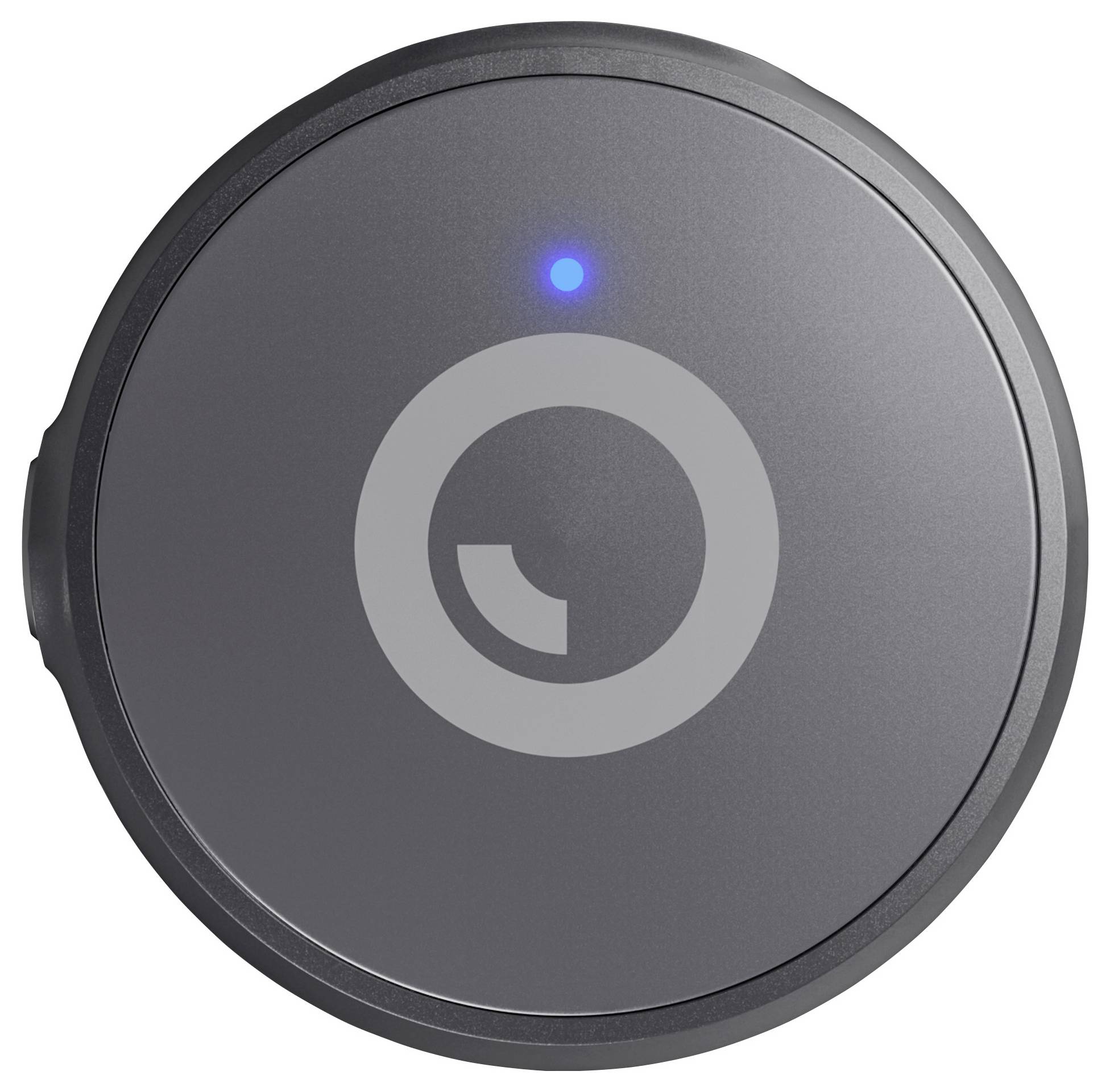 Ein rundes, graues intelligentes Türschloss mit einem dezenten Logo und einer blauen Kontrollleuchte oben, die signalisiert, dass es aktiviert ist.