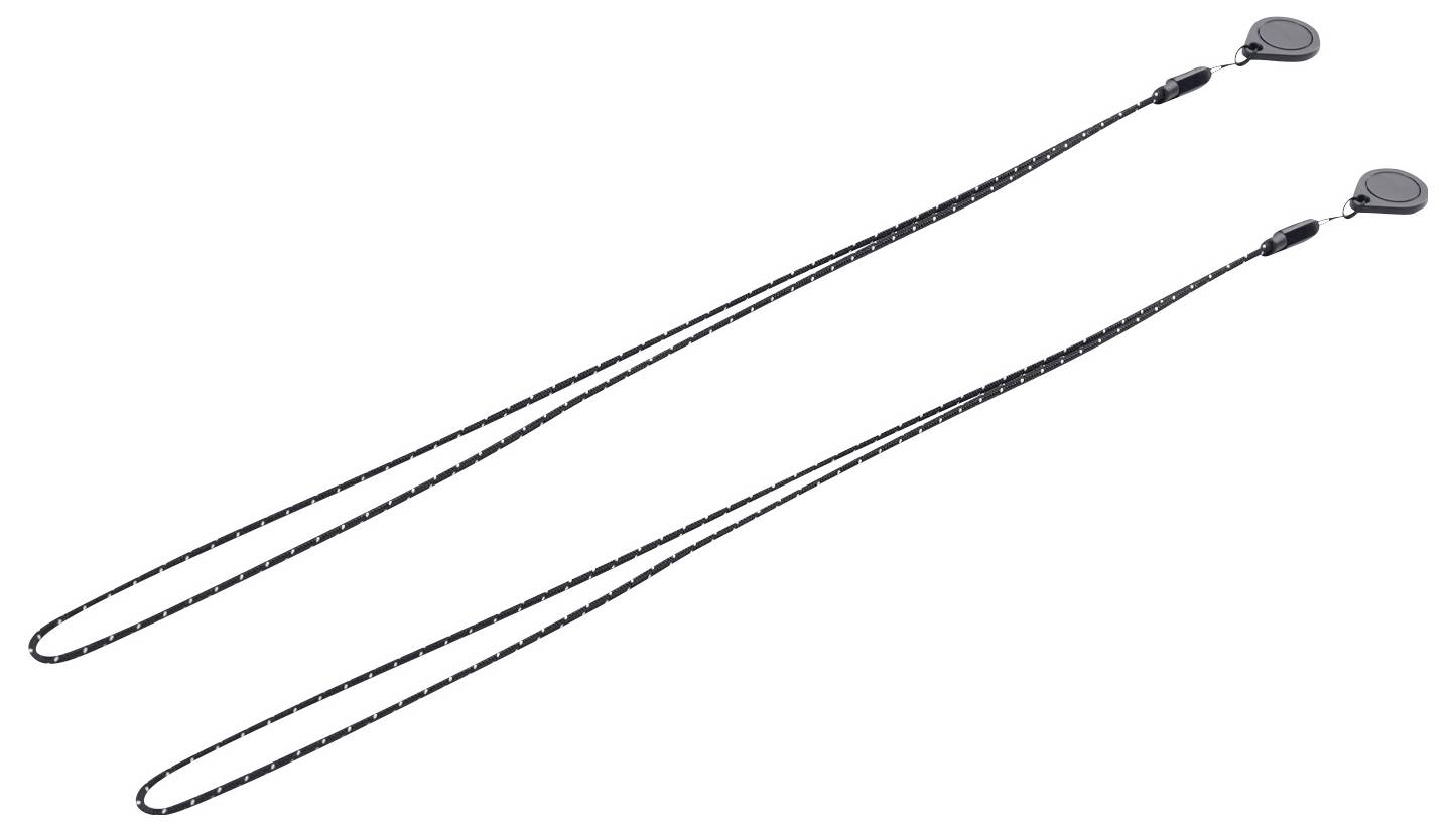 Zwei dünne, schwarze Schlüsselbänder mit Clips am Ende, entwickelt zum Sichern von kleinen Gegenständen.