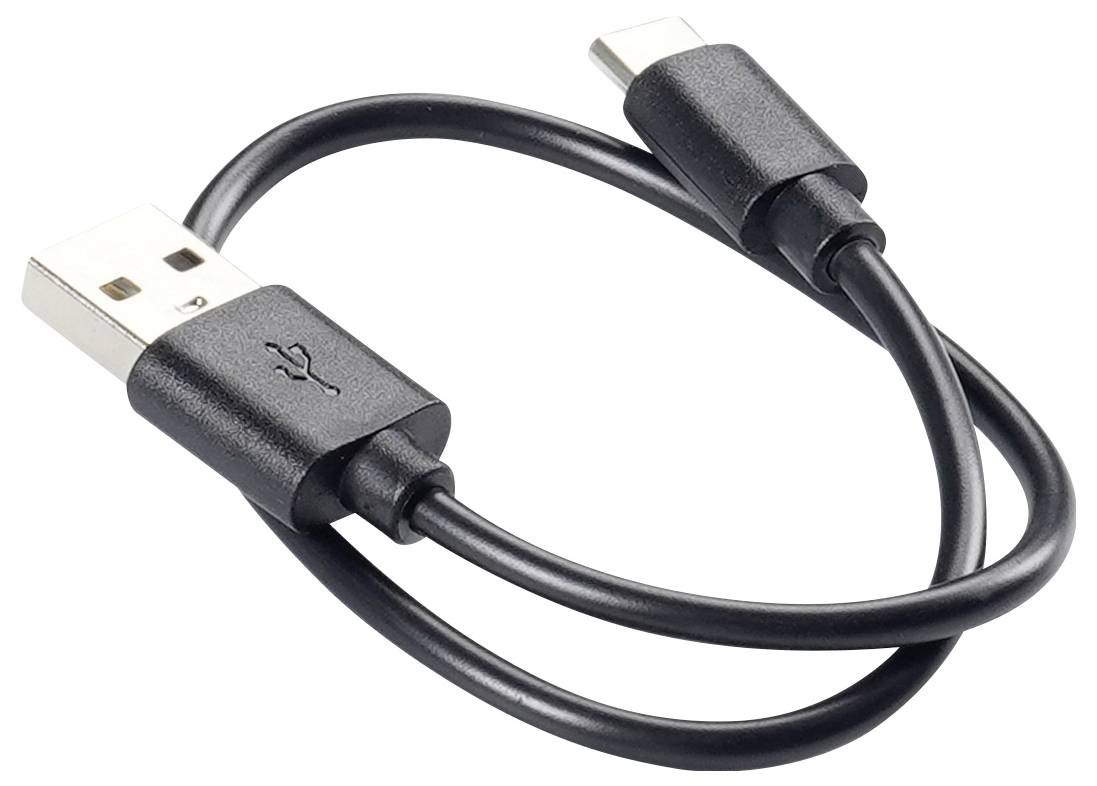 Ein USB-Kabel mit einem Standard-USB-A-Anschluss an einem Ende und einem USB-C-Anschluss am anderen Ende, lose gewickelt zur Präsentation.