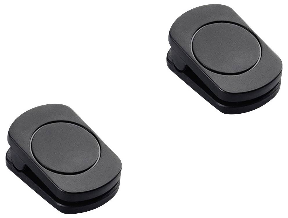 Zwei kleine, schwarze, runde Privatsphäre-Abdeckungen mit Klebeschicht, die entwickelt wurden, um Webcams auf Laptops oder Tablets aus Sicherheitsgründen abzudecken.