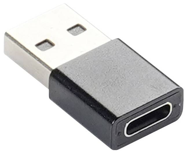 USB Type-A auf USB Type-C Adapter, schwarzes Gehäuse, Schrägansicht mit beiden Anschlüssen.