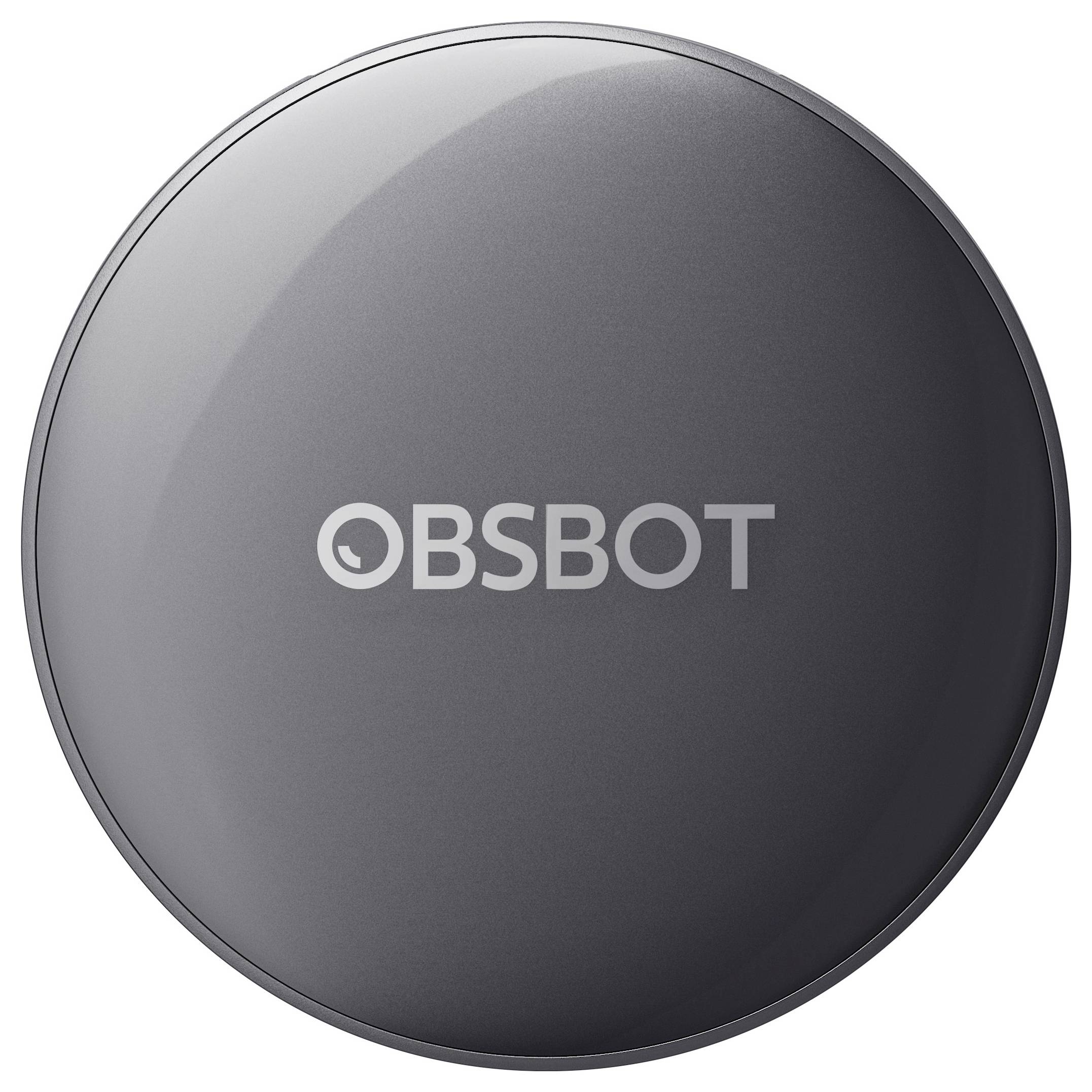 'OBSBOT' Logo auf einer schlanken, runden schwarzen Oberfläche, die einer Kameraobjektivkappe ähnelt.