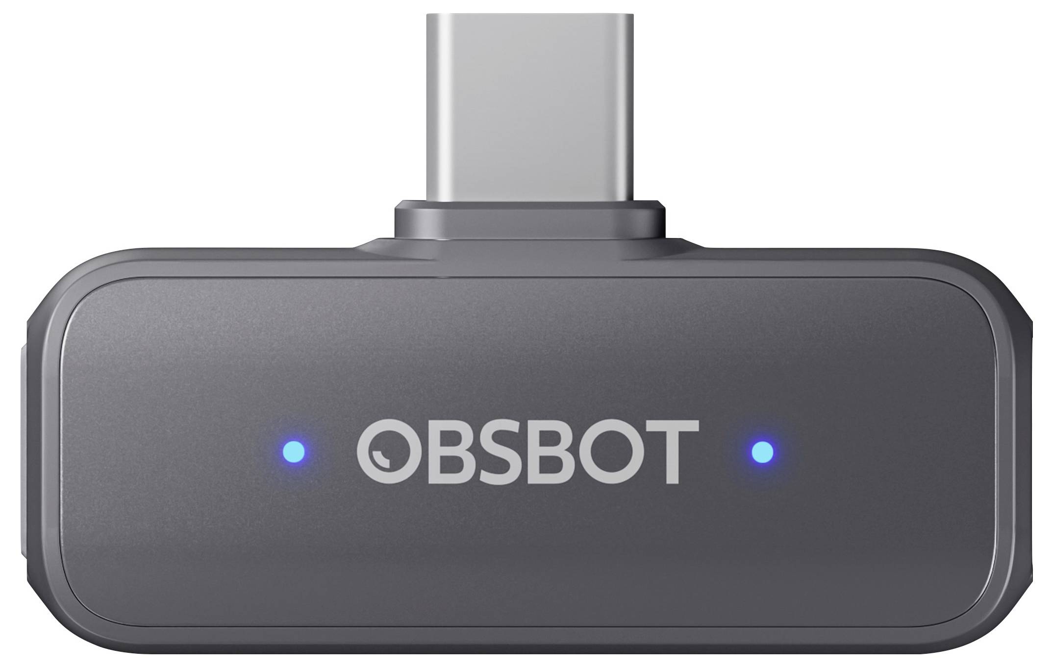 Ein kompaktes, rechteckiges OBSBOT-Gerät mit einem USB-Anschluss an der Oberseite und zwei blauen Anzeigelichtern, das für Video- oder Audiotechnologie verwendet wird.