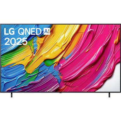 Ein Fernseher, der lebendige Pinselstriche in Rosa, Gelb, Blau und Orange zeigt. Text in der oberen linken Ecke liest: 'LG QNED AI 2025'
