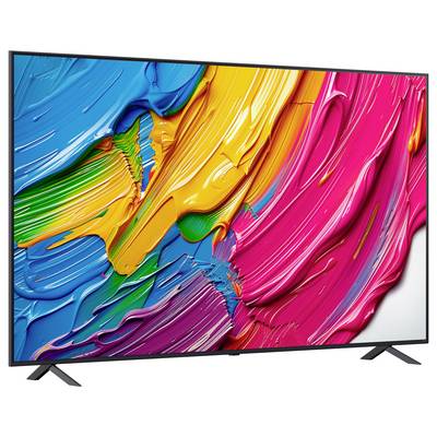Eine Nahaufnahme eines Fernsehbildschirms, der eine abstrakte, lebendige Farbstruktur mit kräftigen Strichen in Rosa, Gelb, Grün und Blau zeigt.