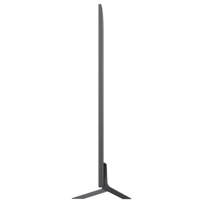 Eine dünne, seitliche Ansicht eines Flachbildfernsehers mit einem eleganten Ständer, die das minimalistische Design und das schmale Profil des Geräts präsentiert.