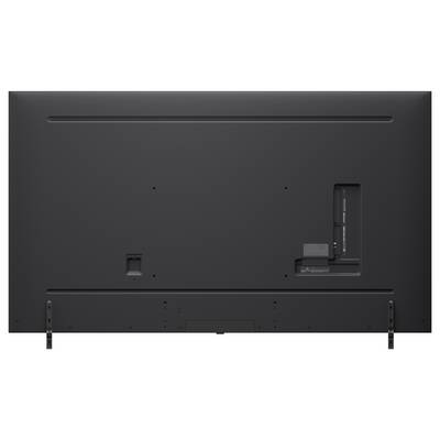 Rückansicht eines Flachbildfernsehers, die Anschlüsse und Befestigungspunkte zeigt, mit einer eleganten schwarzen Oberfläche und sichtbaren Standfuß-Befestigungsbereichen.