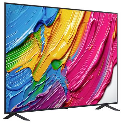 Ein großer Flachbildschirm-Fernseher, der ein abstraktes Kunstwerk mit lebhaften Wirbeln aus blauer, gelber, grüner, rosa und orangefarbener Farbe zeigt.