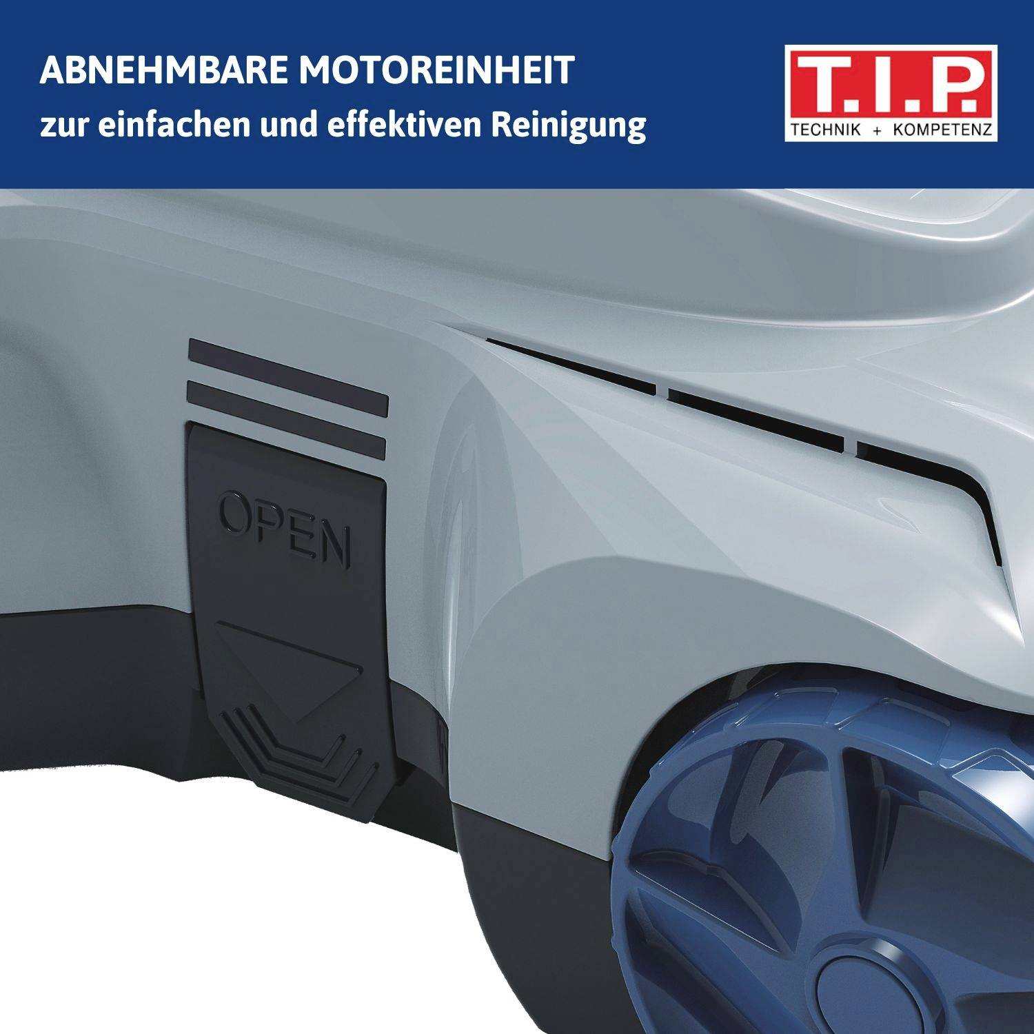Eine Nahaufnahme eines eleganten, modernen Reinigungsgeräts mit einem herausnehmbaren Fach, das mit "ÖFFNEN" gekennzeichnet ist. Der Text hebt die einfache und effektive Reinigung hervor.