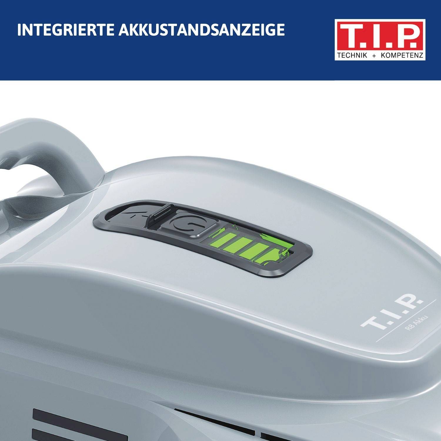 Batterieanzeige, die oben auf einem grauen Gerät integriert ist und einen teilweise geladenen Status zeigt. Das T.I.P.-Logo ist an der Seite sichtbar.