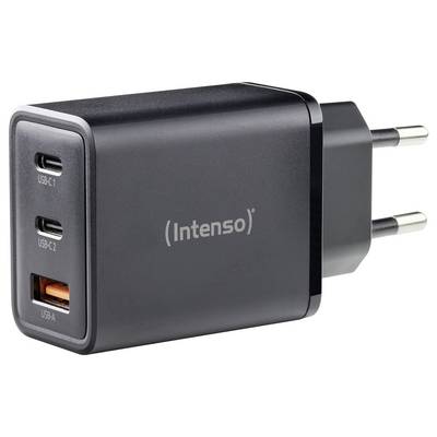 Ein schwarzes Wandladegerät mit zwei USB-C-Anschlüssen und einem USB-A-Anschluss, beschriftet mit 'Intenso', mit europäischem Steckerdesign.
