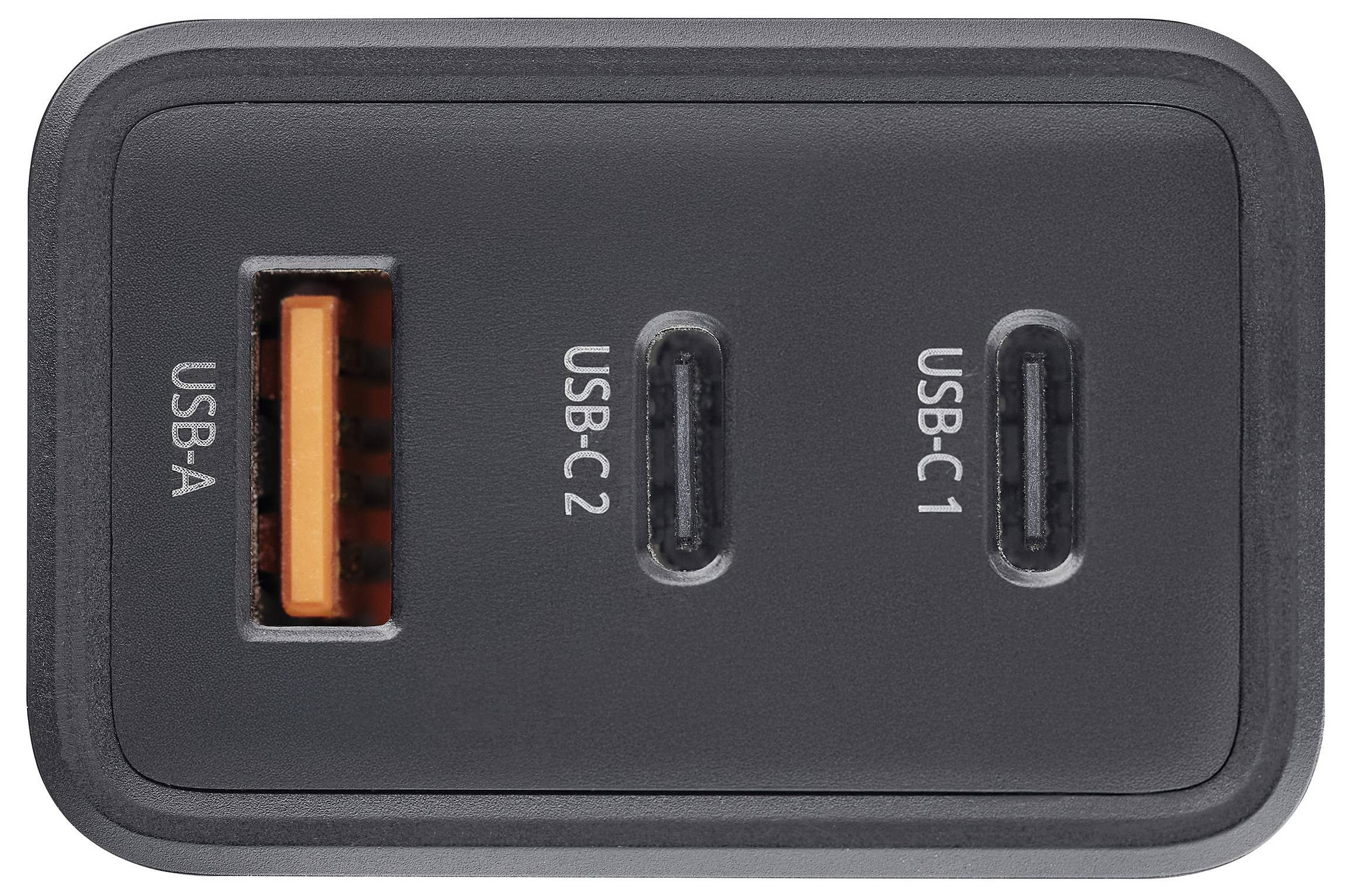 Ein schwarzer Ladehub mit einem USB-A-Anschluss und zwei USB-C-Anschlüssen, die mit ‚USB-C1' und ‚USB-C2' beschriftet sind, für Verbindungen mit mehreren Geräten.