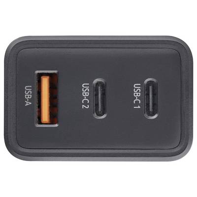 Ein schwarzer Ladehub mit einem USB-A-Anschluss und zwei USB-C-Anschlüssen, die mit ‚USB-C1' und ‚USB-C2' beschriftet sind, für Verbindungen mit mehreren Geräten.