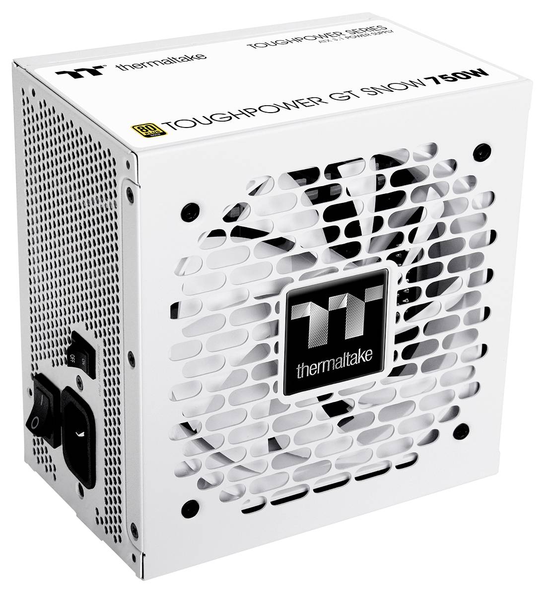 Thermaltake Toughpower GF1 Snow 750W Netzteil in Weiß, ausgestattet mit einem großen Kühlventilator und einem beschrifteten Seitenpanel für Markenidentität und technische Spezifikationen.