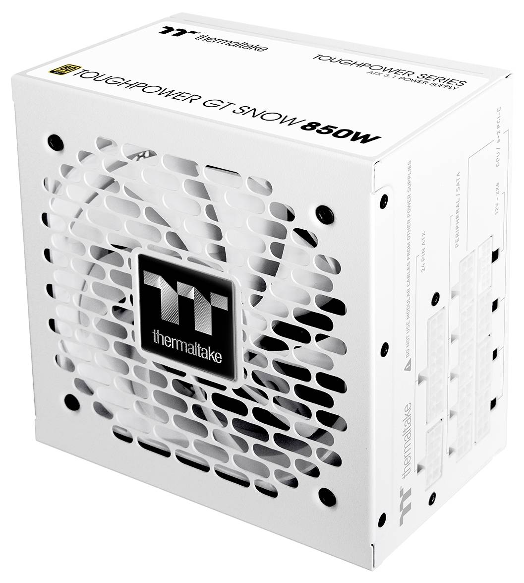 Weißes Thermaltake Toughpower GT Snow 850W Netzteil mit Lüftungsgitter und Logo.