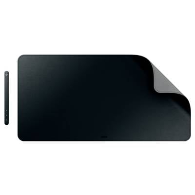 Ein schwarzes Schreibtischunterlage mit leicht aufgerollter Ecke, zusammen mit einem magnetischen Stiftehalterstreifen.