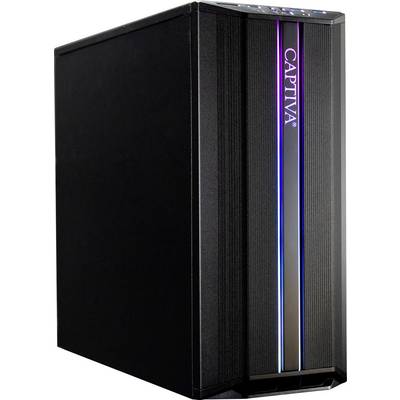 Ein schwarzer Computer-Tower mit beleuchteten vertikalen LED-Streifen und dem Markennamen 'CAPTIVA' auf dem Frontpanel.