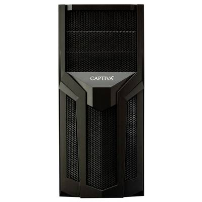 Ein schwarzer Desktop-Computerturm mit einem Frontpanel aus Gitter und dem Markennamen 'CAPTIVA', der mittig oben angebracht ist.