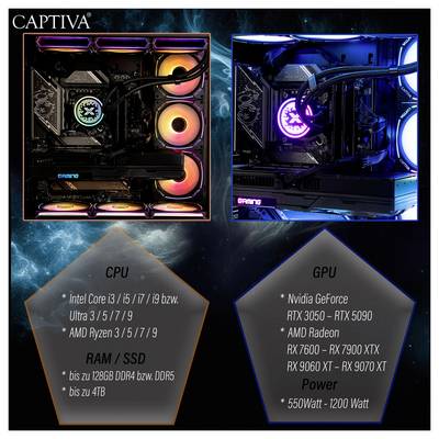 Captiva Gaming PC Highend Gaming I89-037 Intel® Core™ Ultra 9 285K 64 GB RAM 2 TB SSD Nvidia GeForce RTX 5080 GDDR7 Win -5