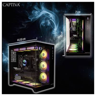 Gaming-PC-Gehäuse mit RGB-Beleuchtung, transparentem Seitenpanel und angegebenen Abmessungen: 44,50 cm Tiefe, 21 cm Breite, 49 cm Höhe.