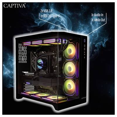 High-Performance-Gaming-PC mit RGB-Beleuchtung, mehrere Lüfter und Anschlüsse, einschließlich '2x USB 3.0', '1x USB 3.0 Typ-C' und Audioports.