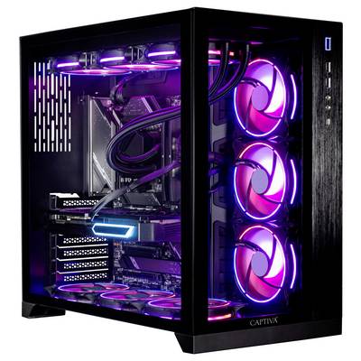 Ein schwarzer Gaming-Computer-Tower mit lila und blauen LED-Lüftern, transparente Seitenscheibe, die Innenkomponenten und Wasserkühlung zeigt.