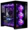 Ein schwarzer Gaming-Computer-Tower mit lila und blauen LED-Lüftern, transparente Seitenscheibe, die Innenkomponenten und Wasserkühlung zeigt.
