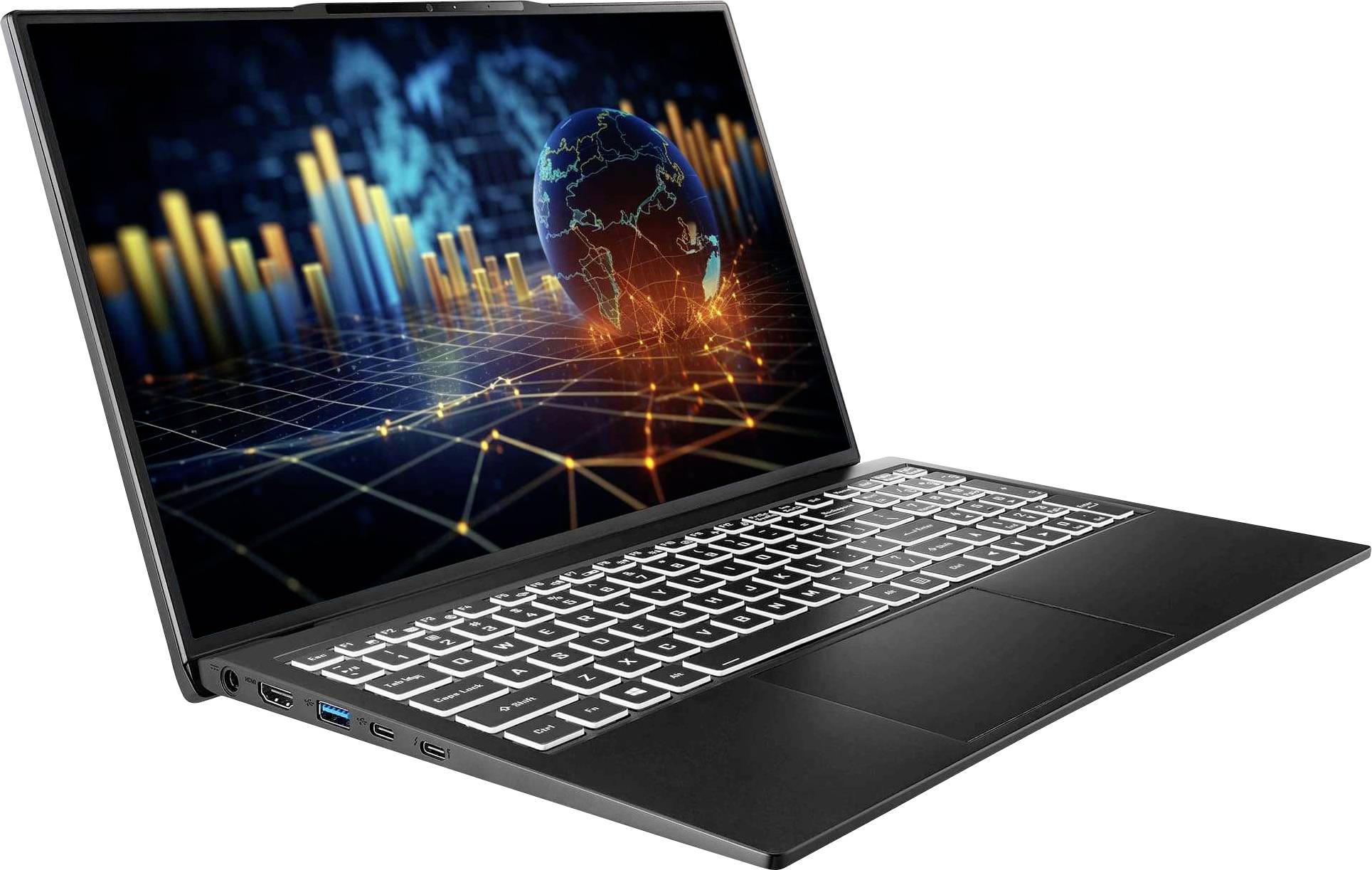 Ein schlanker Laptop mit beleuchteter Tastatur, der einen Bildschirm mit einer digitalen Weltkugel und einem Balkendiagramm zeigt und damit Datenanalyse oder globale Vernetzung symbolisiert.
