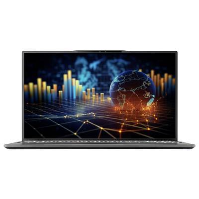 Ein Laptop-Bildschirm, der einen digitalen Globus umgeben von leuchtenden Balken und einem Raster zeigt, symbolisiert globale Konnektivität und Datenfluss.