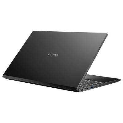 Ein schlanker, schwarzer Laptop mit dem Markennamen 'Captiva' auf der Rückseite des Bildschirms, der sein schlankes Design und die seitlichen Anschlüsse zeigt.