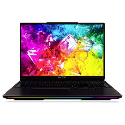Ein Laptop, der auf dem Bildschirm lebendige, regenbogenfarbene Kristalle zeigt und damit einen dynamischen, farbenfrohen Hintergrund kreiert.