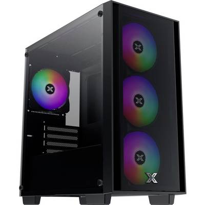 Ein schwarzer Computertower mit transparentem Seitenpanel zeigt bunte RGB-Lüfter im Inneren und präsentiert damit ein modernes Gaming-Setup.