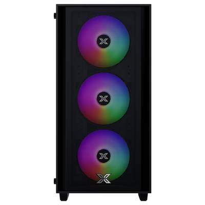 Ein Computer-Gehäuse-Front-Panel mit drei vertikal ausgerichteten, beleuchteten Lüftern mit einem Regenbogen-Farbspektrum und einem zentrierten Markenlogo auf jedem Lüfter.