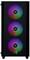Ein Computer-Gehäuse-Front-Panel mit drei vertikal ausgerichteten, beleuchteten Lüftern mit einem Regenbogen-Farbspektrum und einem zentrierten Markenlogo auf jedem Lüfter.