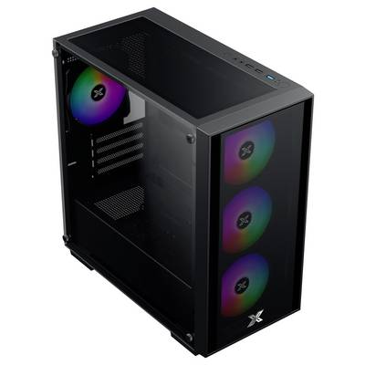 Ein schwarzes Computergehäuse mit einer transparenten Seitenscheibe, das drei RGB-beleuchtete Lüfter an der Front und einen Lüfter im Heck präsentiert, alle beleuchtet.