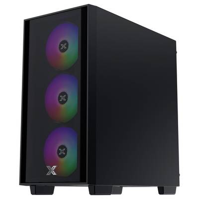 Ein schwarzer Gaming-PC-Tower mit drei kreisförmigen, mehrfarbigen RGB-Lüftern, die auf der Frontseite sichtbar sind.