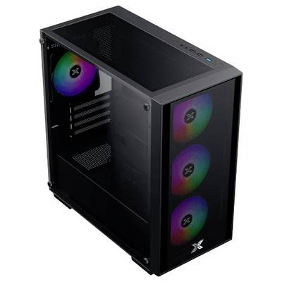 Ein schwarzes Computergehäuse mit drei vorderen RGB-Lüftern und einem hinteren RGB-Lüfter, ausgestattet mit einer transparenten Seitenscheibe und Anschlüssen auf der Oberseite.