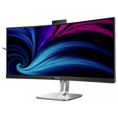 Ultrawide-Monitor, der ein leuchtendes blaues und pinkes abstraktes Wirbelmuster zeigt, montiert auf einem silbernen Ständer mit breiter Basis.