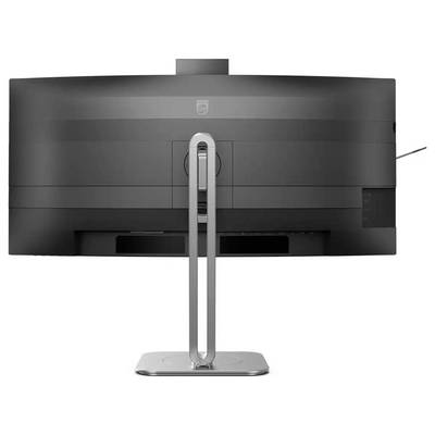 Rückansicht eines Breitbild-Computermonitors mit einem schlanken Ständer, der sein elegantes Design und die Kabelmanagement-Funktionen präsentiert.
