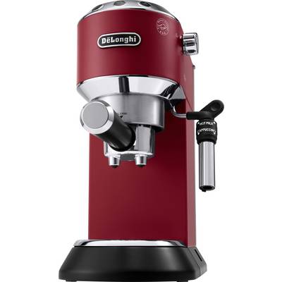 Eine rote Espressomaschine mit Milchaufschäumer, der Marke 'DeLonghi', die für den Heimgebrauch entwickelt wurde.